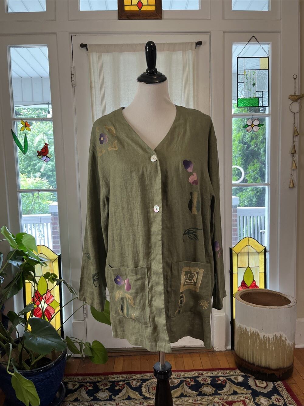 Play Alegre M/L 100% Linen Button Shirt Jacket Hand Painted Floral Art to Wear